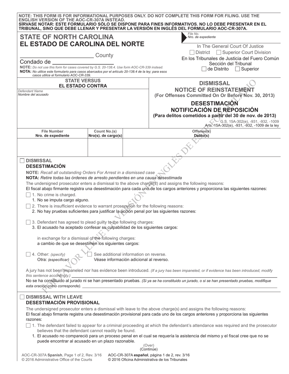 Form AOCCR307A Download Printable PDF or Fill Online Dismissal Notice
