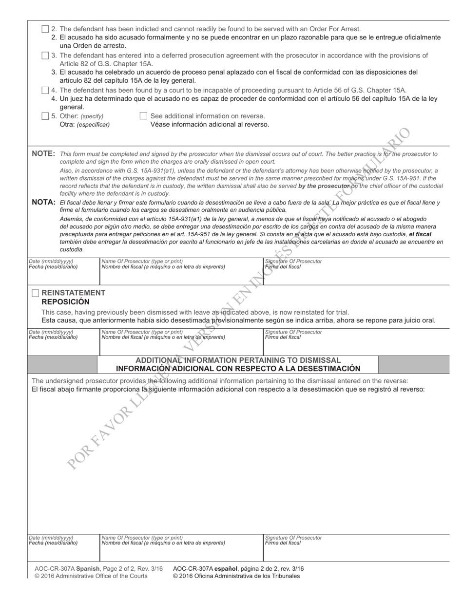 Form AOC-CR-307A Dismissal Notice of Reinstatement (For Offenses Committed on or Before Nov. 30, 2013) - North Carolina (English / Spanish), Page 2