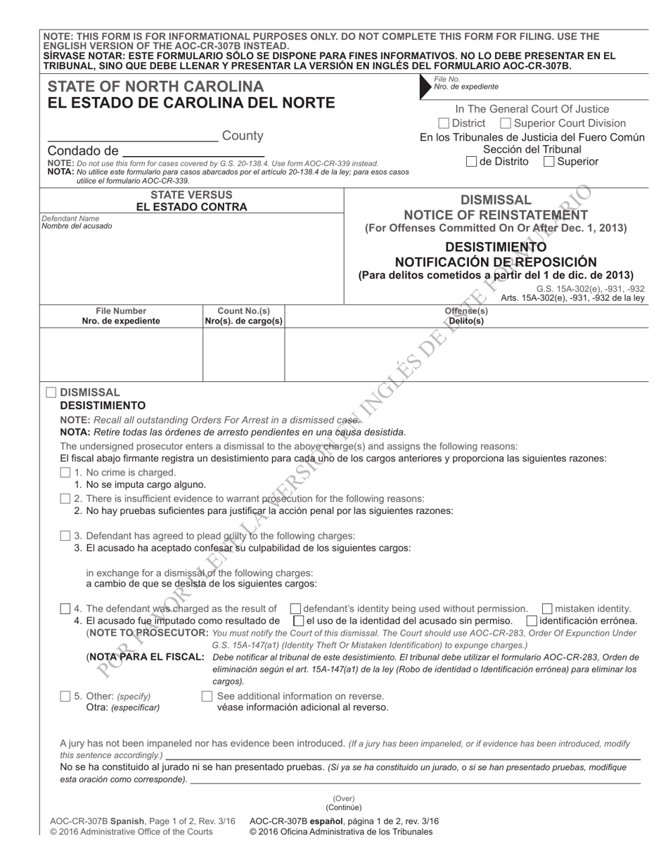 Form AOC-CR-307B SPANISH Dismissal Notice of Reinstatement (For Offenses Committed on or After Dec. 1, 2013) - North Carolina (English/Spanish), Page 1
