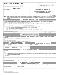 Document preview: Form AOC-CR-309 Receipt and Return of License Revoked for Unsafe Movement Violation - North Carolina