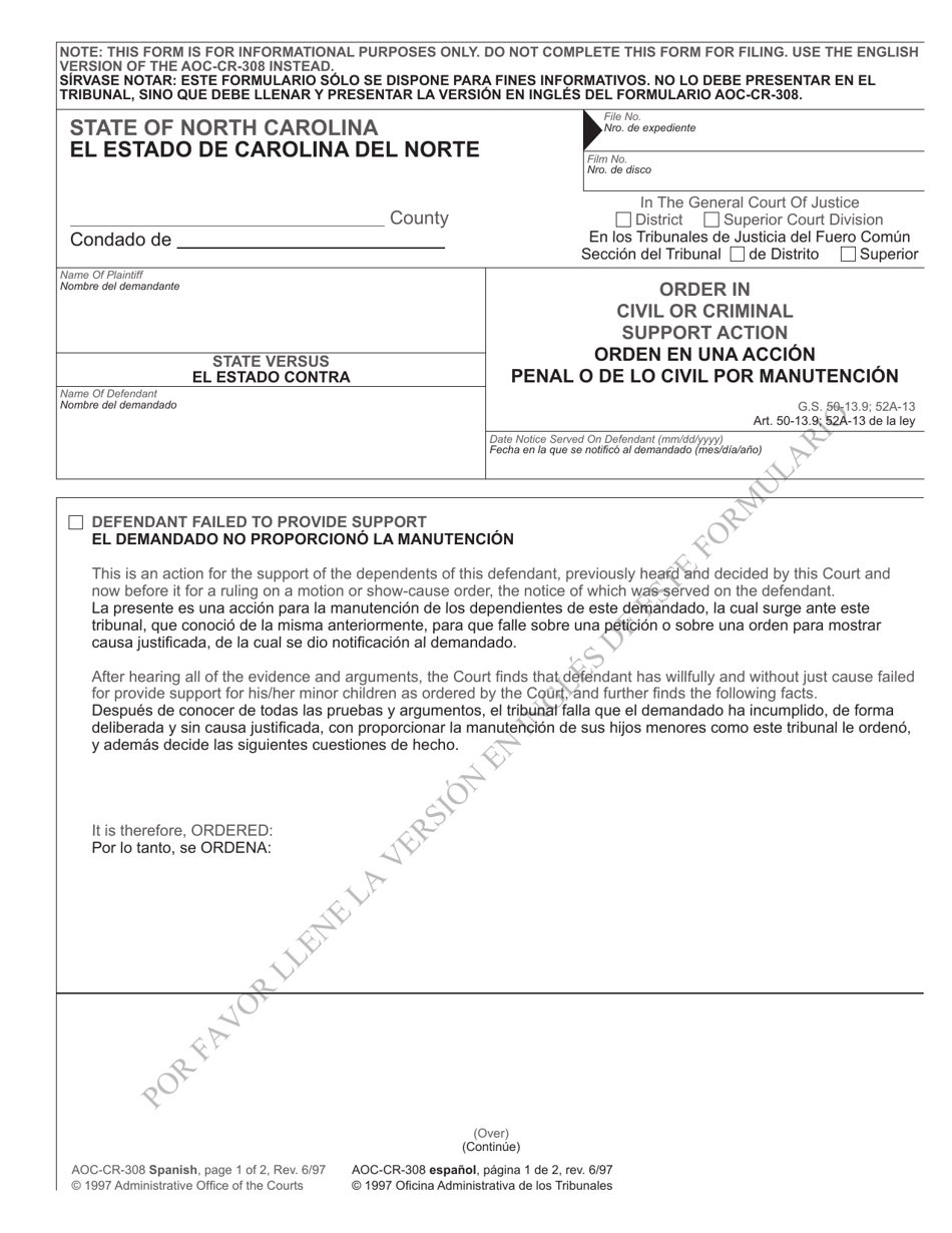Form AOC-CR-308 SPANISH Order in Civil or Criminal Support Action - North Carolina (English / Spanish), Page 1