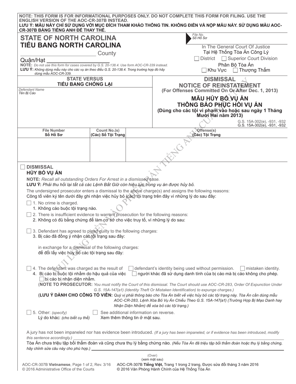 Form AOC-CR-307B VIETNAMESE Dismissal Notice of Reinstatement (For Offenses Committed on or After Dec. 1, 2013) - North Carolina (English/Vietnamese), Page 1