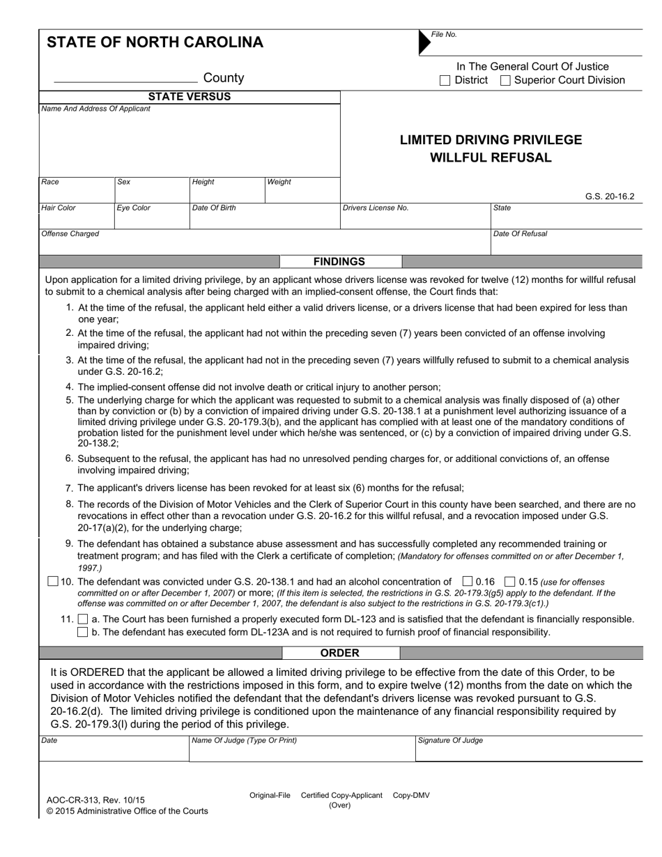 Form AOC-CR-313 Limited Driving Privilege Willful Refusal - North Carolina, Page 1