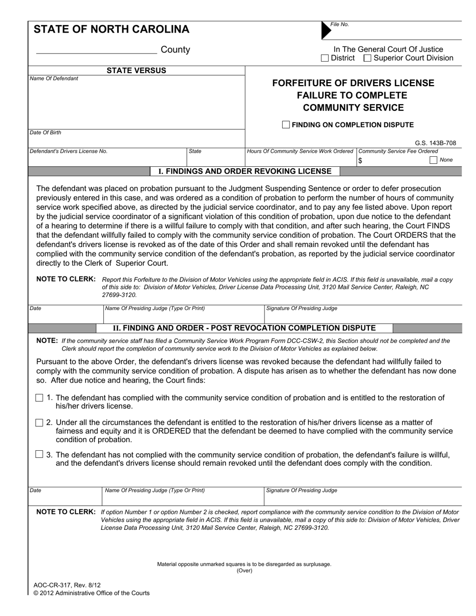 Form AOC-CR-317 Forfeiture of Drivers License Failure to Complete Community Service - North Carolina, Page 1