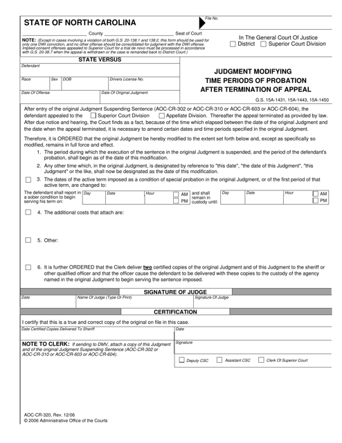 Form AOC-CR-320 Judgment Modifying Time Periods of Probation After Termination of Appeal - North Carolina