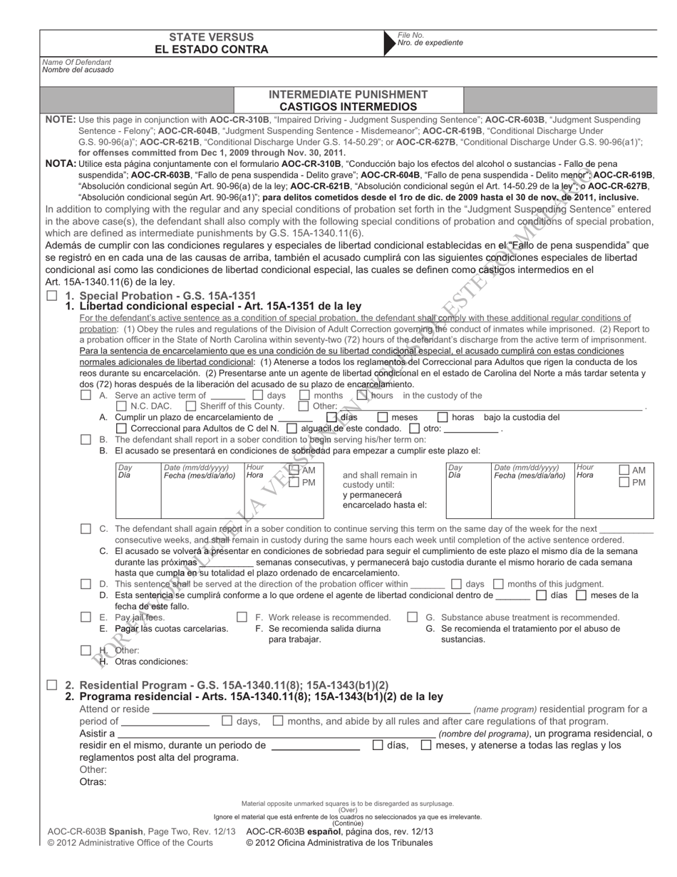 Formulario AOC-CR-310B Conduccion Bajo Los Efectos Del Alcohol O Sustancias - Fallo De Pena Suspendida (Para Delitos Cometidos Antes Del 1ro De DIC. De 2009 - 30 De Nov. De 2011) - North Carolina (Spanish), Page 6