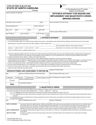 Document preview: Form AOC-CR-323A Officer's Affidavit for Seizure and Impoundment and Magistrate's Order - Impaired Driving - North Carolina