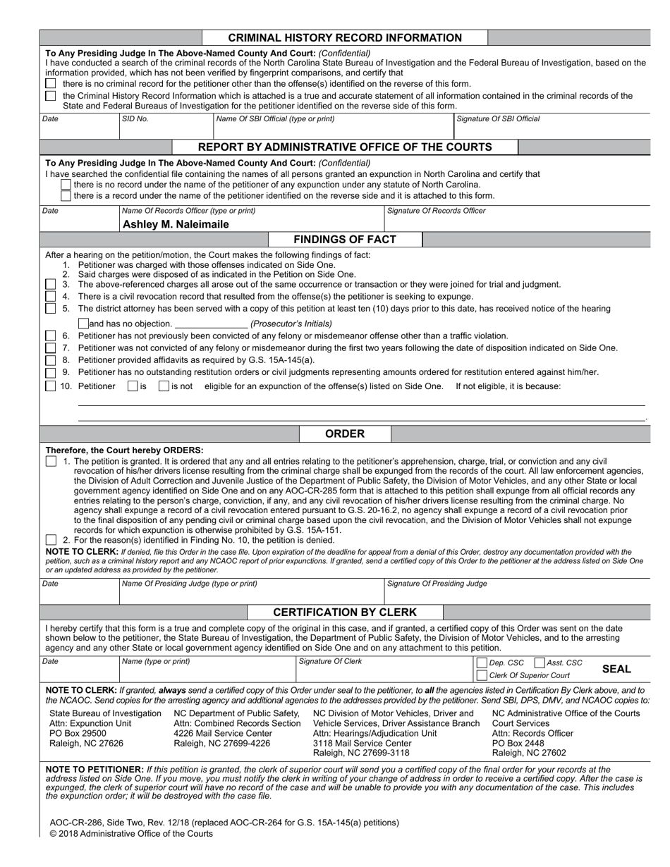 Form AOC-CR-286 Petition and Order of Expunction Under G.s. 15a-145(A) (Non-traffic Misdemeanor Under Age 18 or Misdemeanor Possession of Alcohol Under Age 21) - North Carolina, Page 2
