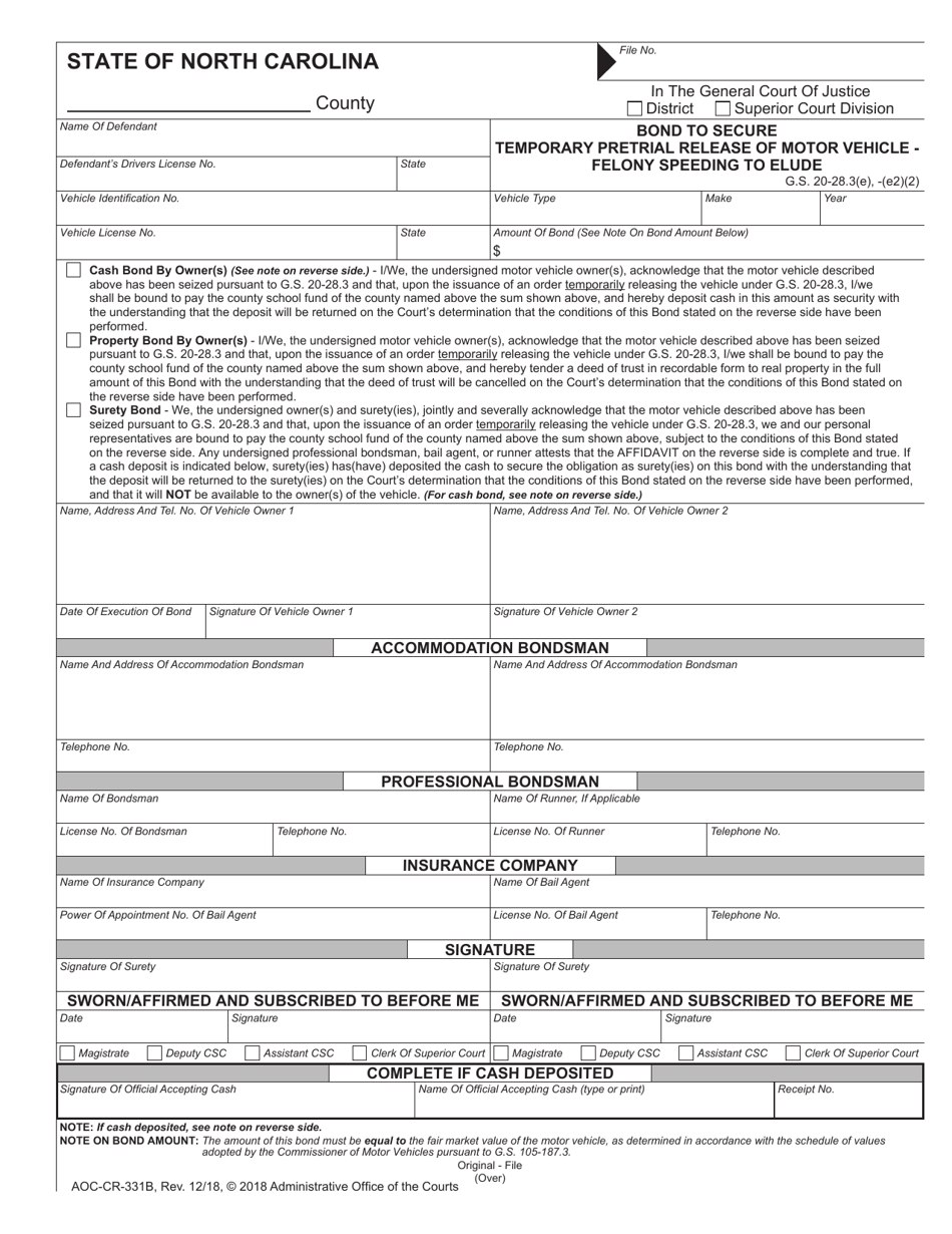 Form AOC-CR-331B Bond to Secure Temporary Pretrial Release of Motor Vehicle - Felony Speeding to Elude - North Carolina, Page 1