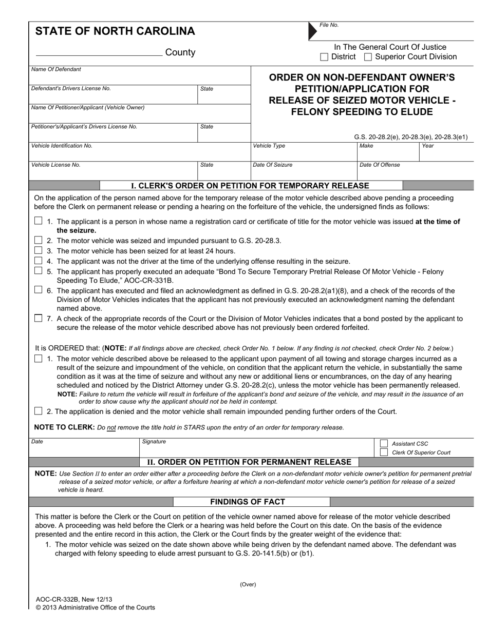 Form AOC-CR-332B Order on Non-defendant Owner's Petition/Application for Release of Seized Motor Vehicle - Felony Speeding to Elude - North Carolina, Page 1