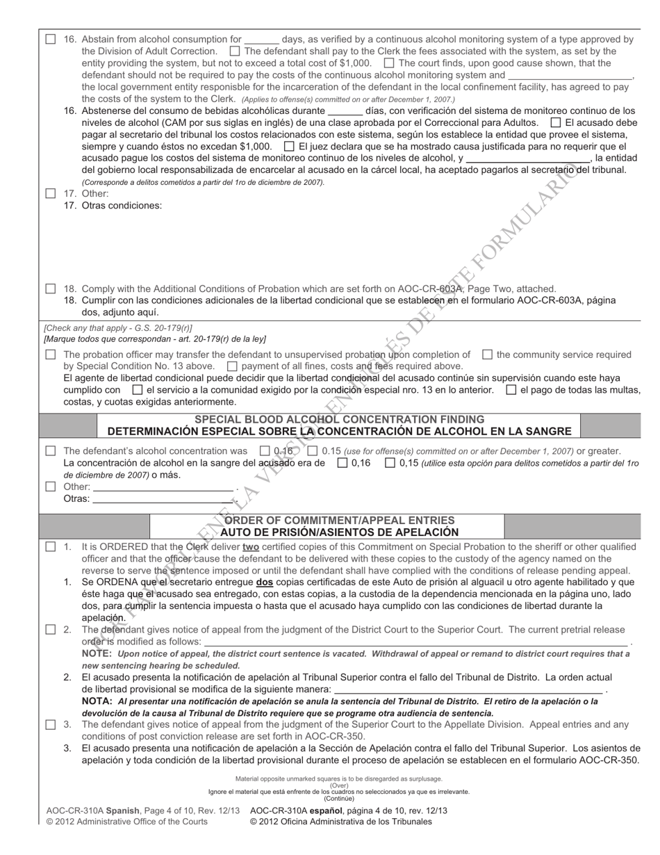 Formulario AOC-CR-310A Conduccion Bajo Los Efectos Del Alcohol O Sustancias - Fallo De Pena Suspendida - North Carolina (Spanish), Page 4