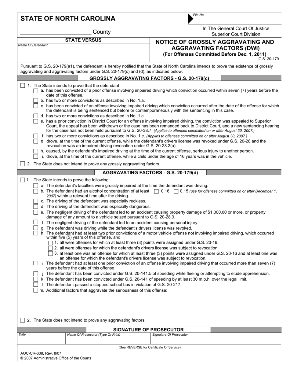 Form AOC-CR-338 Notice of Grossly Aggravating and Aggravating Factors (Dwi) - North Carolina, Page 1