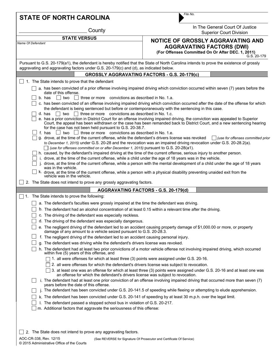 Form AOC-CR-338 Notice of Grossly Aggravating and Aggravating Factors (Dwi) - North Carolina, Page 1