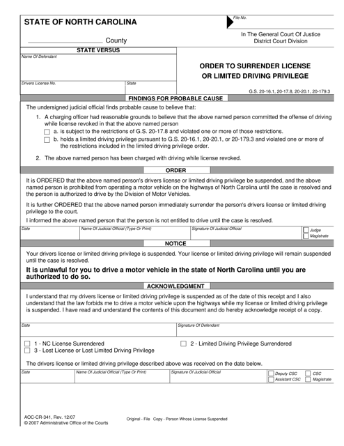 Form AOC-CR-341 Order to Surrender License or Limited Driving Privilege - North Carolina