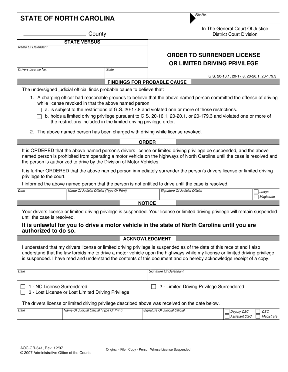Form AOC-CR-341 Order to Surrender License or Limited Driving Privilege - North Carolina, Page 1