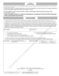 Form AOC-CR-341 Order to Surrender License or Limited Driving Privilege - North Carolina (English/Spanish), Page 2