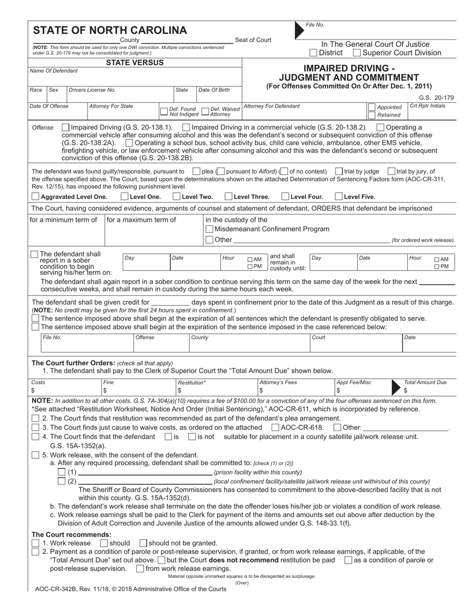 Form AOC-CR-342B Impaired Driving - Judgment and Commitment - North Carolina, Page 1