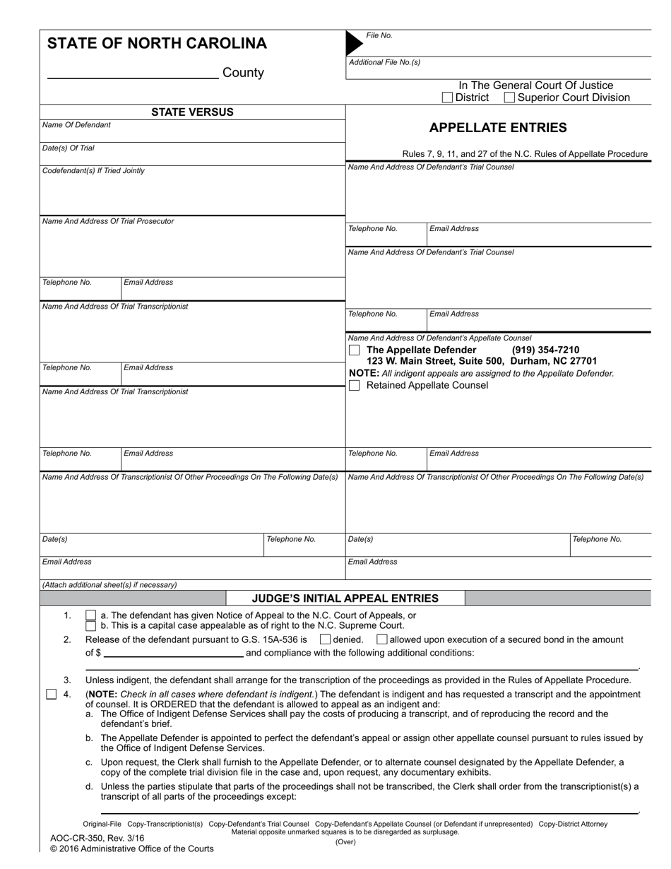 Form AOC-CR-350 Appellate Entries - North Carolina, Page 1