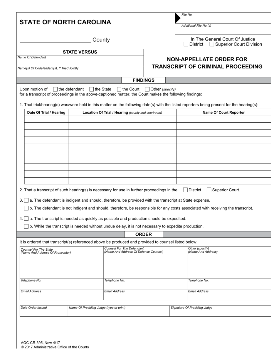 Form AOC-CR-395 Non-appellate Order for Transcript of Criminal Proceeding - North Carolina, Page 1