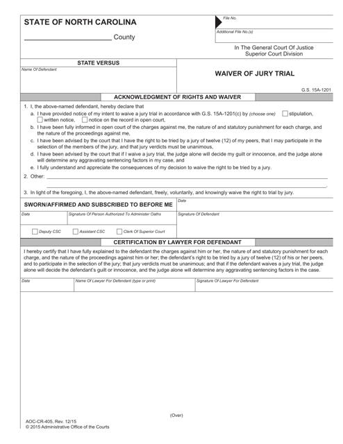 Form AOC-CR-405 Waiver of Jury Trial - North Carolina