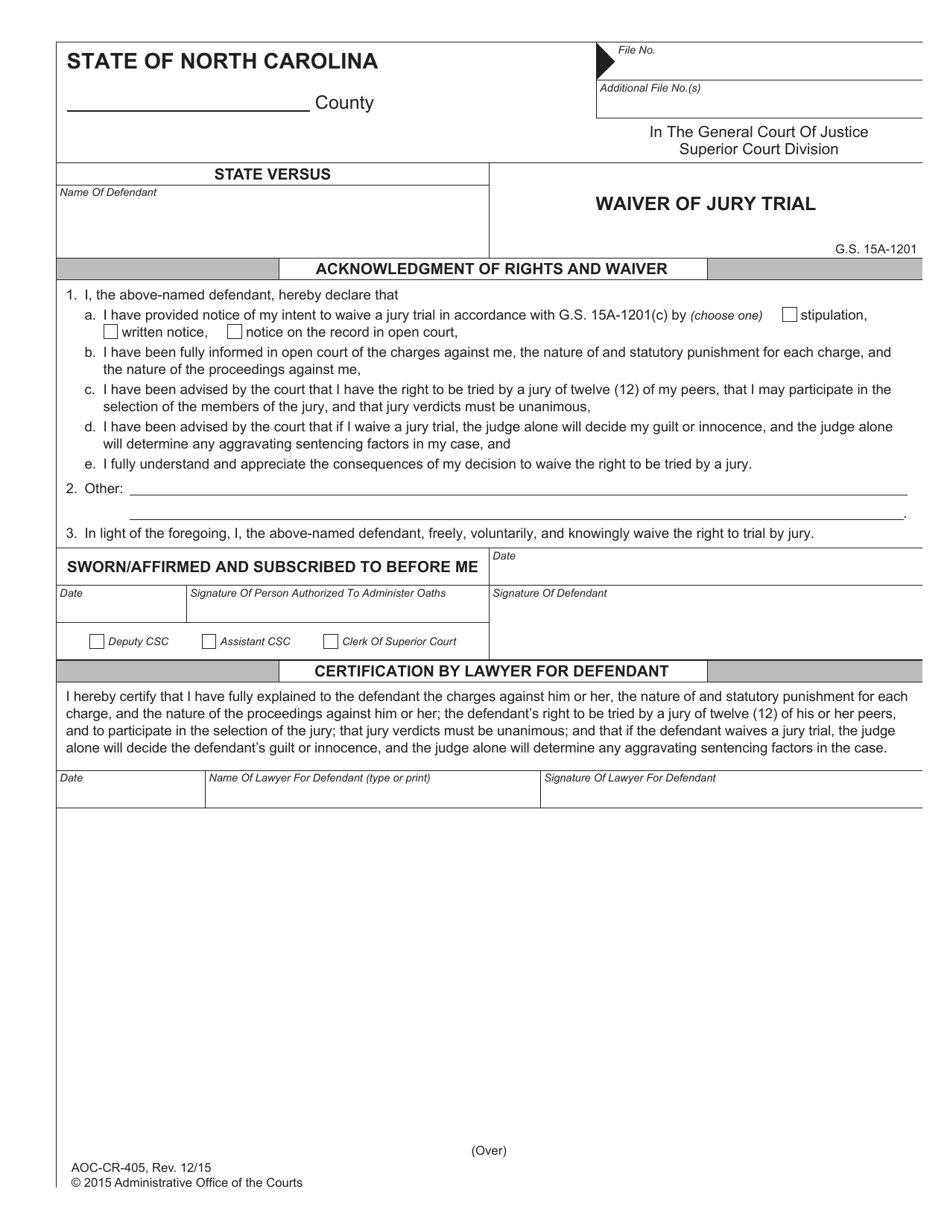 Form AOC-CR-405 Waiver of Jury Trial - North Carolina, Page 1