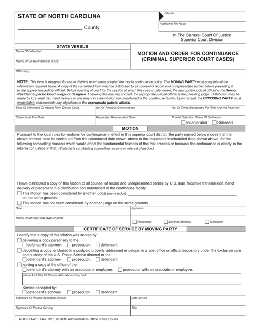 Form AOC-CR-410 Motion and Order for Continuance (Criminal Superior Court Cases) - North Carolina