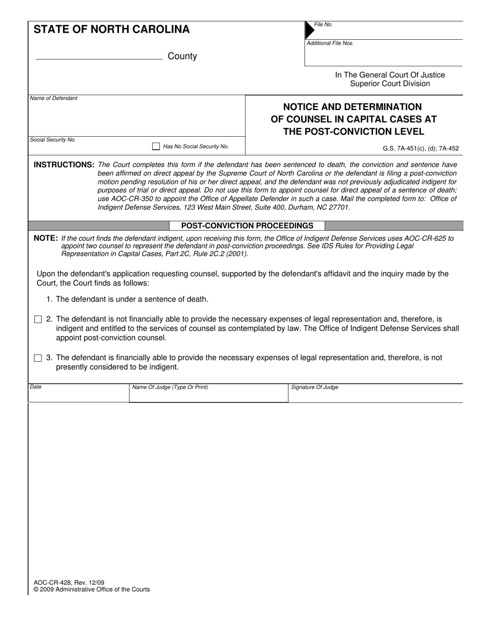 Form AOC-CR-428 Notice and Determination of Counsel in Capital Cases at the Post-conviction Level - North Carolina, Page 1