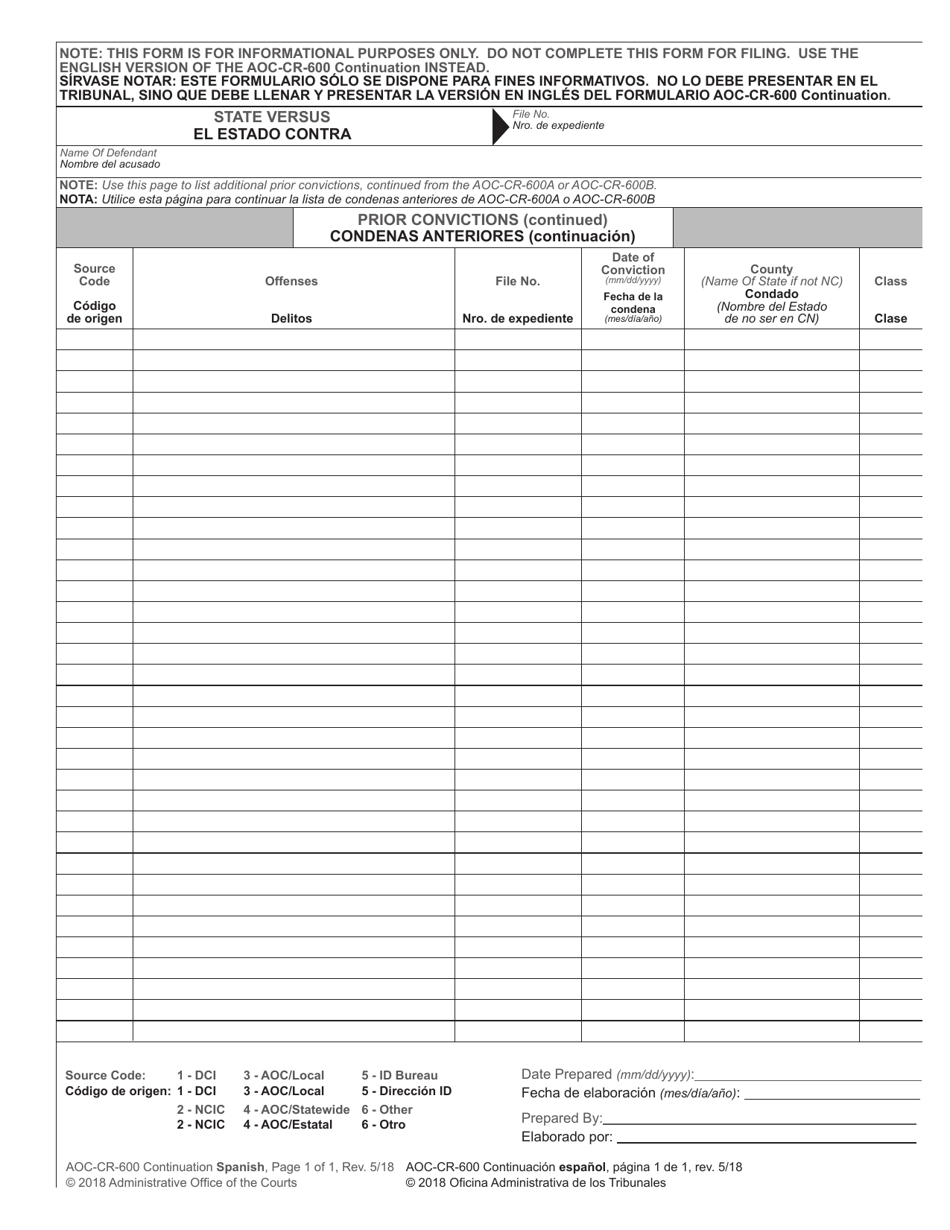 Form AOC-CR-600 Prior Convictions (Continued) - North Carolina (English / Spanish), Page 1