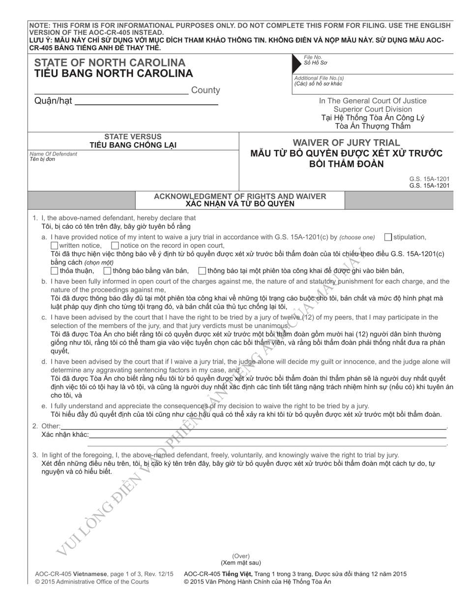 Form AOC-CR-405 Waiver of Jury Trial - North Carolina (English / Vietnamese), Page 1