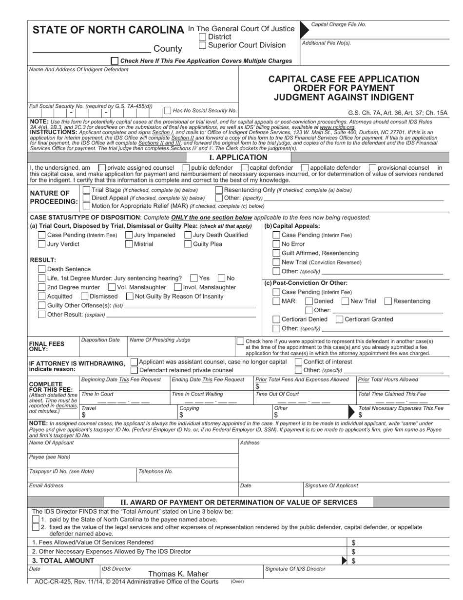 Form AOC-CR-425 Capital Case Fee Application Order for Payment Judgment Against Indigent - North Carolina, Page 1