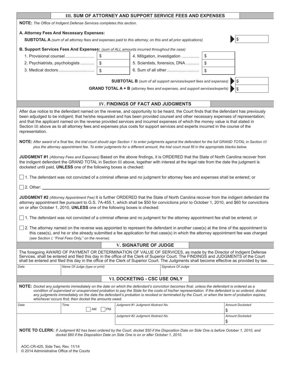 Form AOC-CR-425 Capital Case Fee Application Order for Payment Judgment Against Indigent - North Carolina, Page 2
