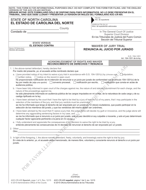 Form AOC-CR-405 Waiver of Jury Trial - North Carolina (English/Spanish)