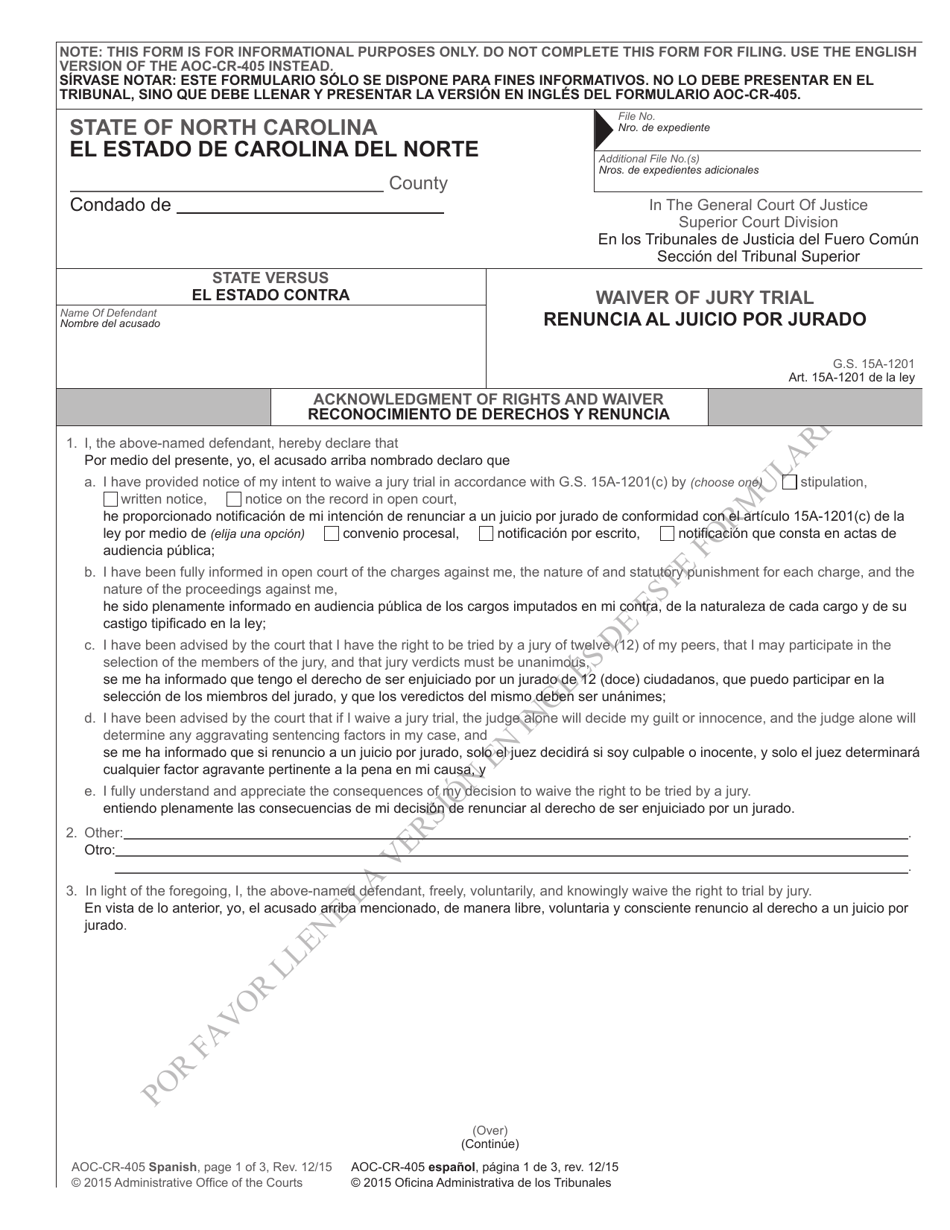 Form AOC-CR-405 Waiver of Jury Trial - North Carolina (English / Spanish), Page 1