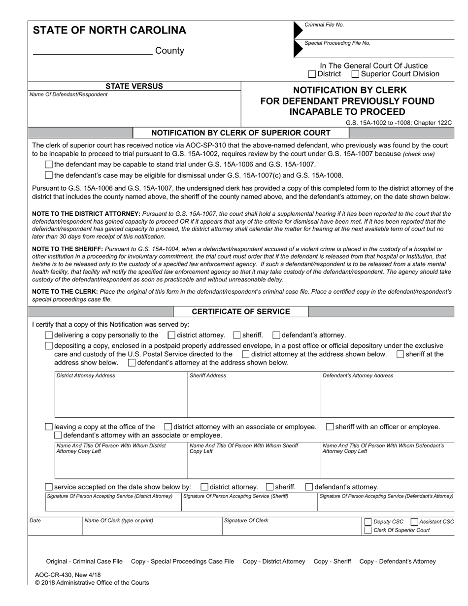 Form AOC-CR-430 Notification by Clerk for Defendant Previously Found Incapable to Proceed - North Carolina, Page 1