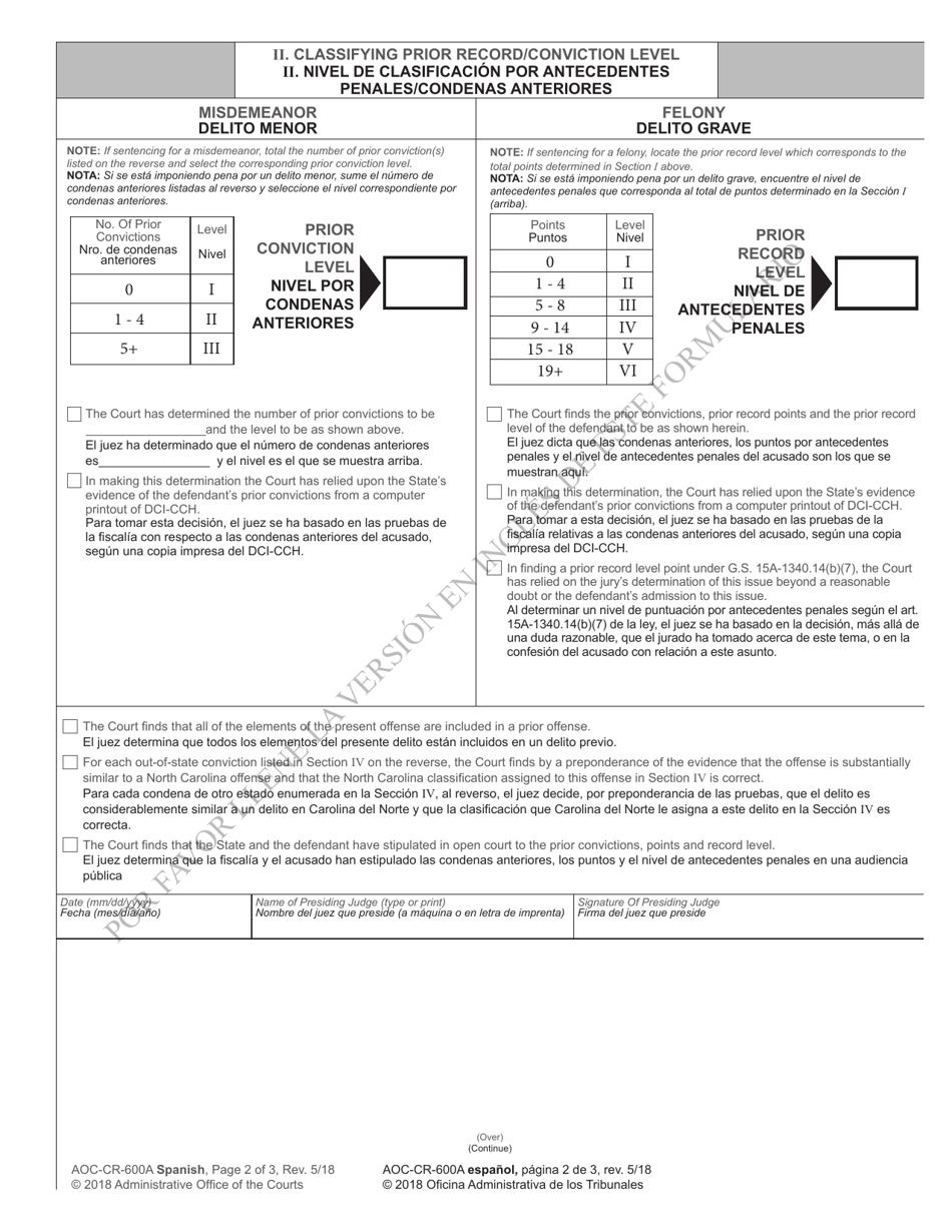 Form AOC-CR-600A Worksheet Prior Record Level for Felony Sentencing and Priorconviction Level for Misdemeanor Sentencing (Structured Sentencing) - North Carolina (English / Spanish), Page 2