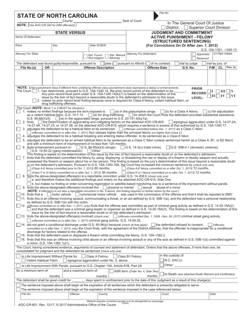 Form AOC-CR-601 Judgment and Commitment Active Punishment - Felony (Structured Sentencing) - North Carolina