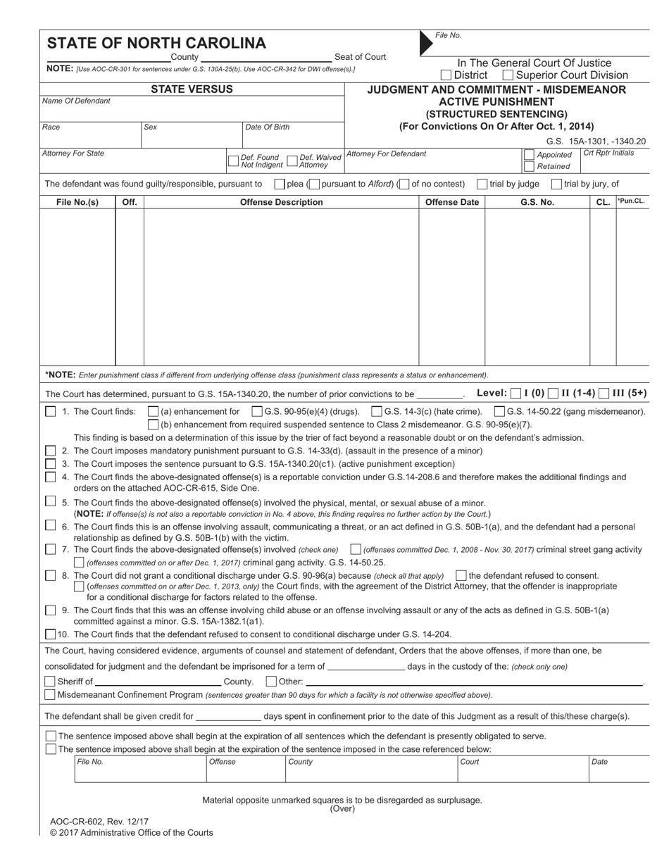 Form AOC-CR-602 Judgment and Commitment - Misdemeanor Active Punishment (Structured Sentencing) - North Carolina, Page 1
