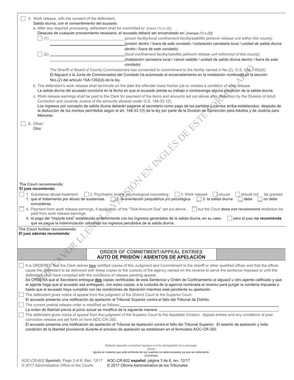 Formulario AOC-CR-602 Sentencia Y Auto De Prision Castigo De Reclusion - Delitos Menores (Imposicion Estructurada De La Pena) - North Carolina (Spanish), Page 3