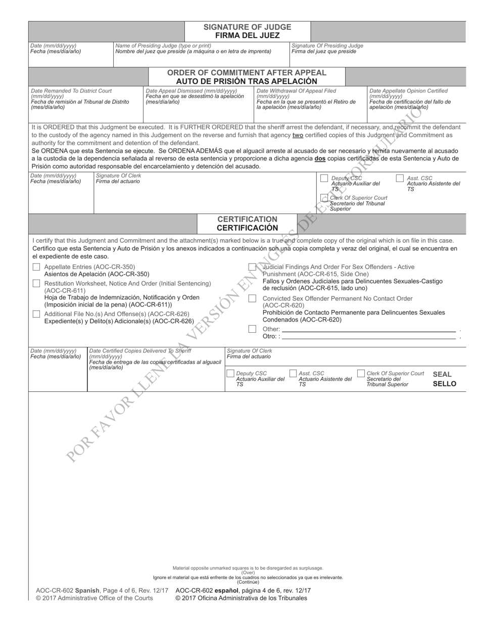 Formulario AOC-CR-602 Sentencia Y Auto De Prision Castigo De Reclusion - Delitos Menores (Imposicion Estructurada De La Pena) - North Carolina (Spanish), Page 4