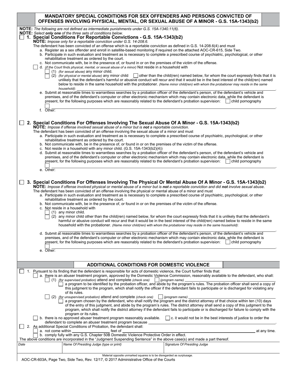 Form AOC-CR-603A Judgment Suspending Sentence - Felony Punishment - Community / Intermediate (Structured Sentencing) (For Offenses Committed Before Dec. 1, 2009) - North Carolina, Page 4