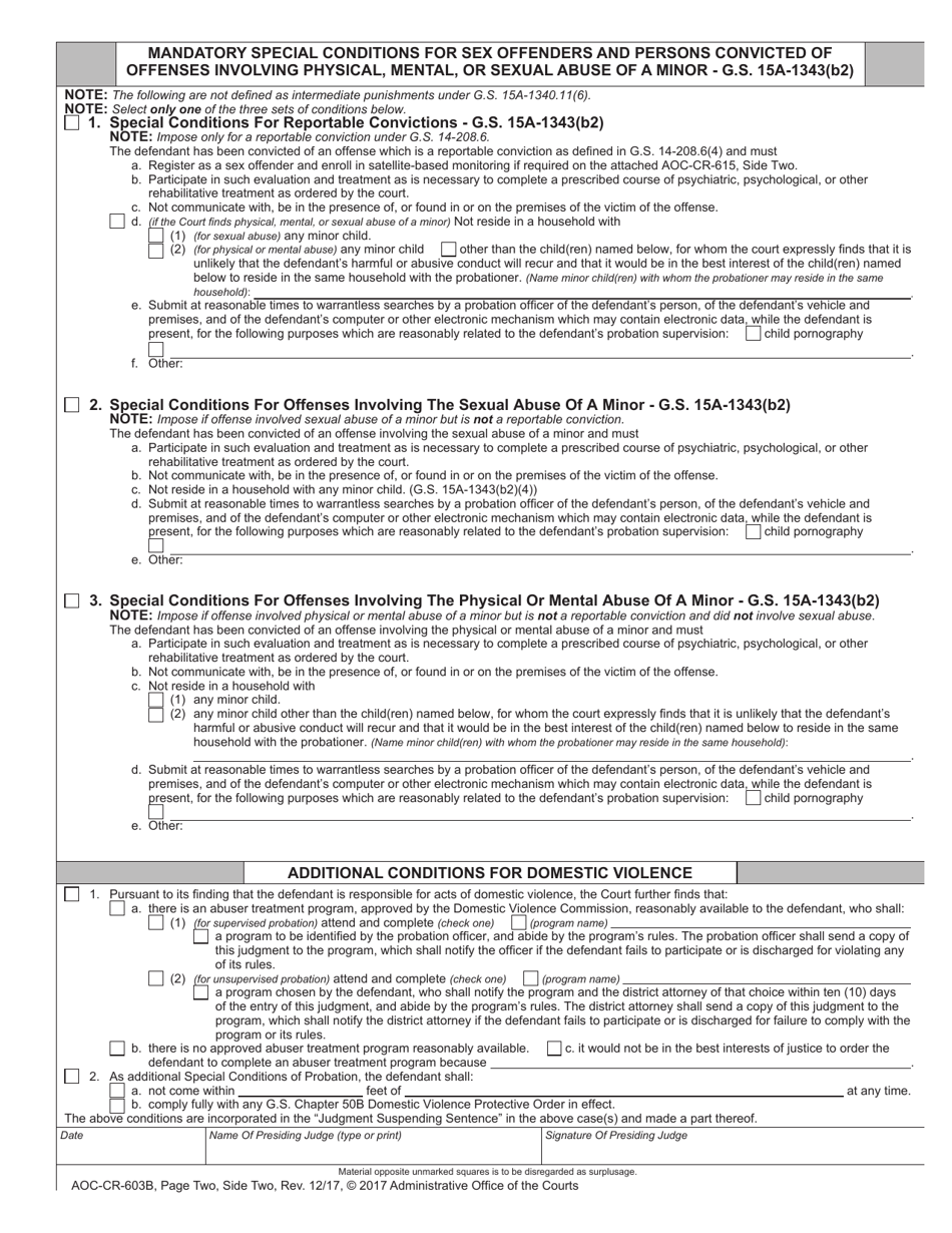 Form AOC-CR-603B Judgment Suspending Sentence - Felony Punishment - Community / Intermediate (Structured Sentencing) (For Offenses Committed Dec. 1, 2009 - Nov. 30, 2011) - North Carolina, Page 4