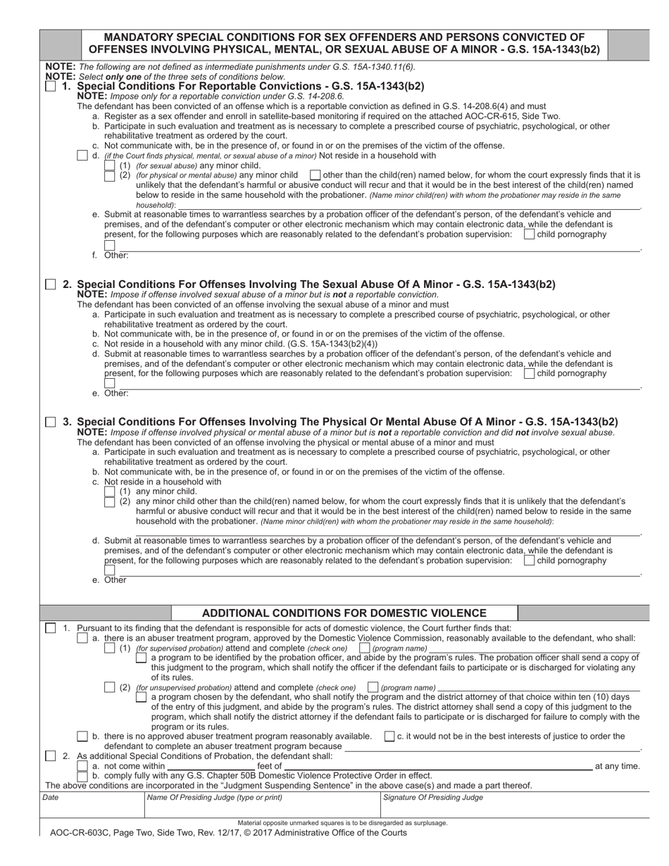 Form AOC-CR-603C Judgment Suspending Sentence - Felony Punishment - Community / Intermediate (Structured Sentencing) (For Offenses Committed Dec. 1, 2011 - Nov. 30, 2016) - North Carolina, Page 4