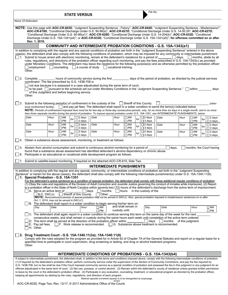 Form AOC-CR-603D Judgment Suspending Sentence - Felony Punishment - Community / Intermediate (Structured Sentencing) (For Offenses Committed on or After Dec. 1, 2016) - North Carolina, Page 3