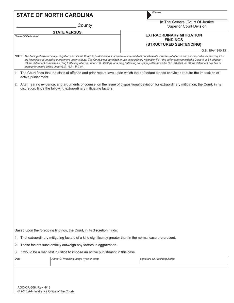 Form AOC-CR-606 Extraordinary Mitigation Findings (Structured Sentencing) - North Carolina, Page 1