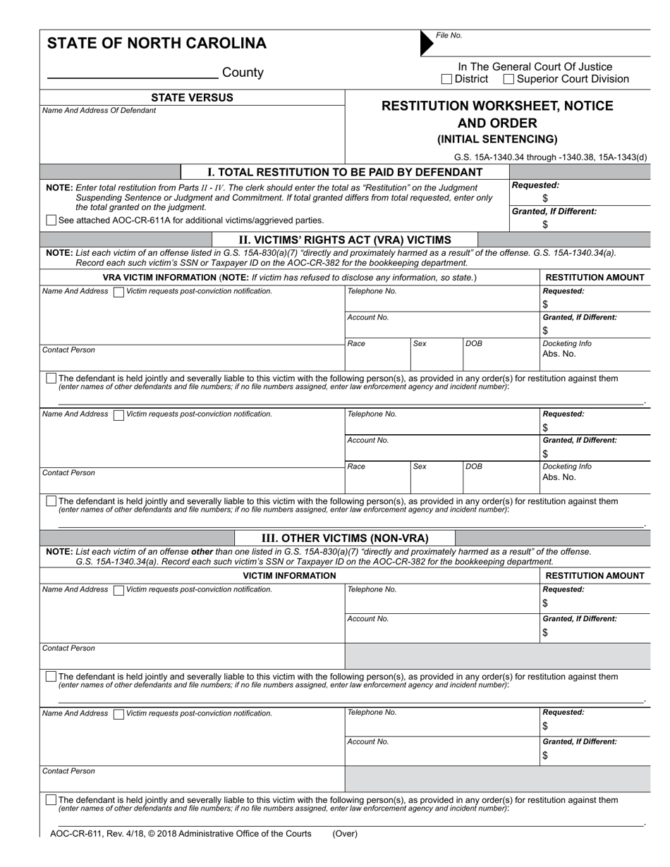 Form AOC-CR-611 Restitution Worksheet, Notice and Order (Initial Sentencing) - North Carolina, Page 1
