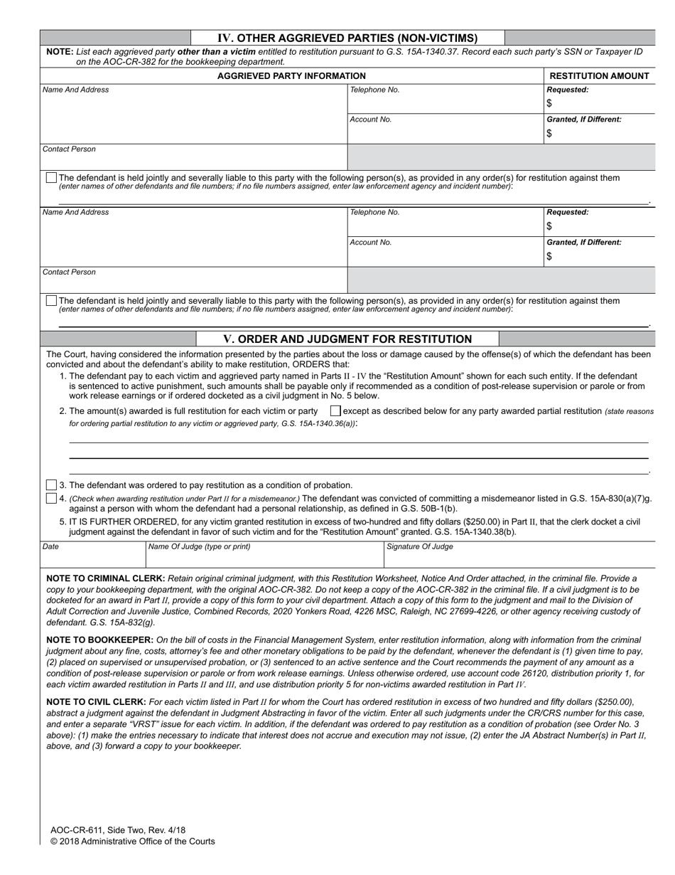 Form AOC-CR-611 Restitution Worksheet, Notice and Order (Initial Sentencing) - North Carolina, Page 2