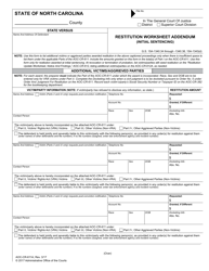 Document preview: Form AOC-CR-611A Restitution Worksheet Addendum (Initial Sentencing) - North Carolina
