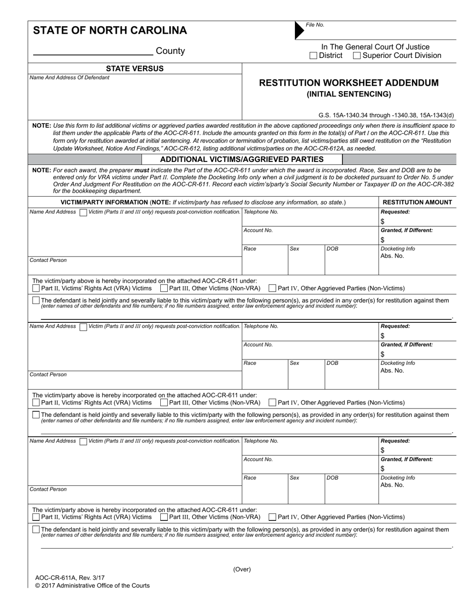 Form AOC-CR-611A Restitution Worksheet Addendum (Initial Sentencing) - North Carolina, Page 1