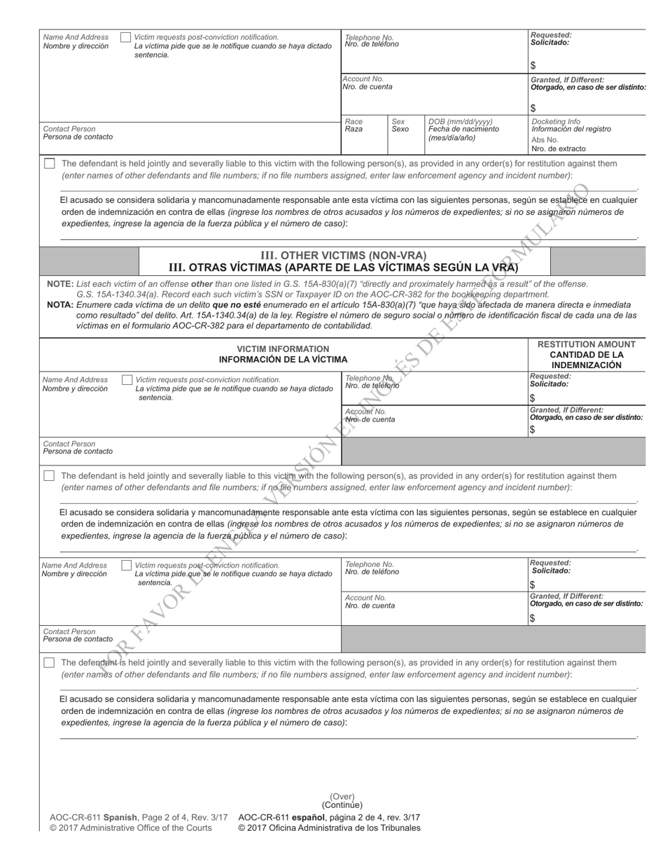 Form AOC-CR-611 Restitution Worksheet, Notice and Order (Initial Sentencing) - North Carolina (English / Spanish), Page 2