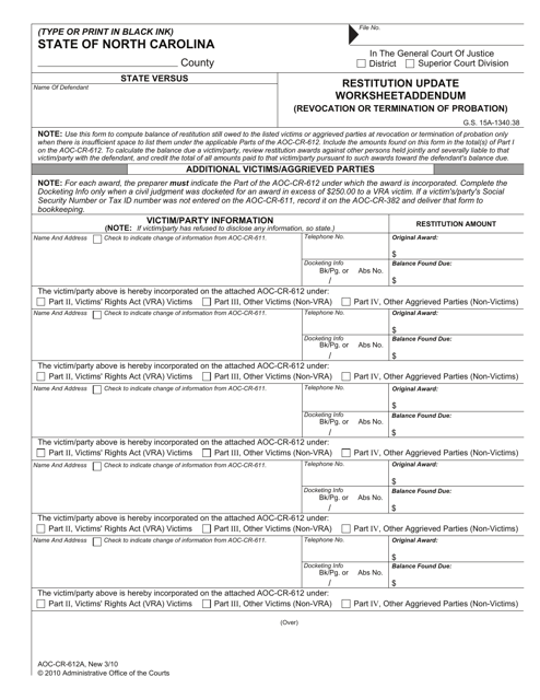 Form AOC-CR-612A Restitution Update Worksheet Addendum (Revocation or Termination of Probation) - North Carolina
